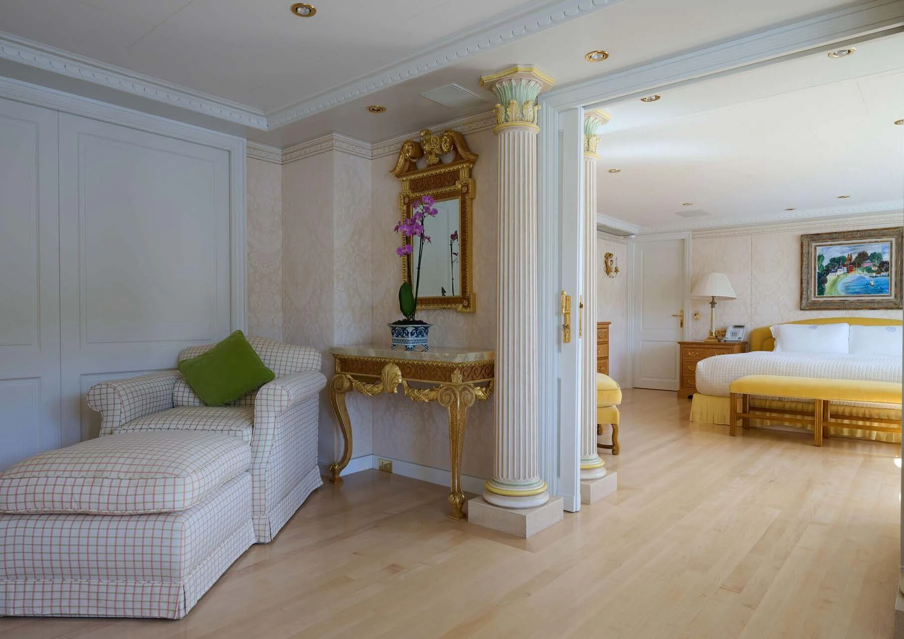 a bedroom with a bed and a desk aboard LADY BEATRICE Yacht for Sale