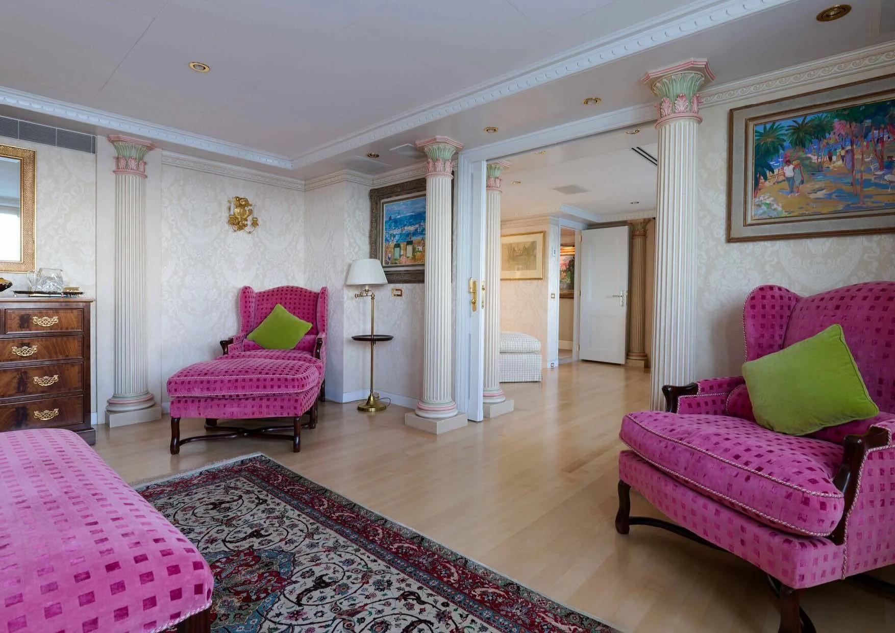a living room with a rug and a rug aboard LADY BEATRICE Yacht for Sale