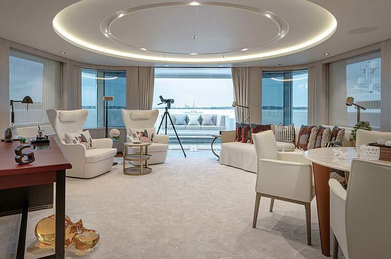 a living room with a large window aboard PROMISE Yacht for Sale