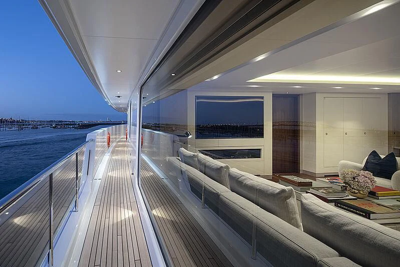 a deck with a view of the ocean and the deck aboard PROMISE Yacht for Sale