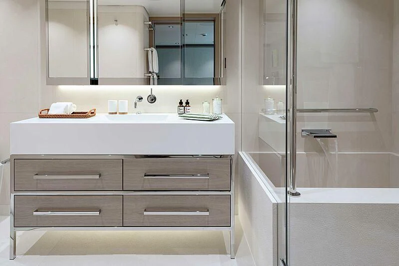 a bathroom with a glass shower aboard PROMISE Yacht for Sale