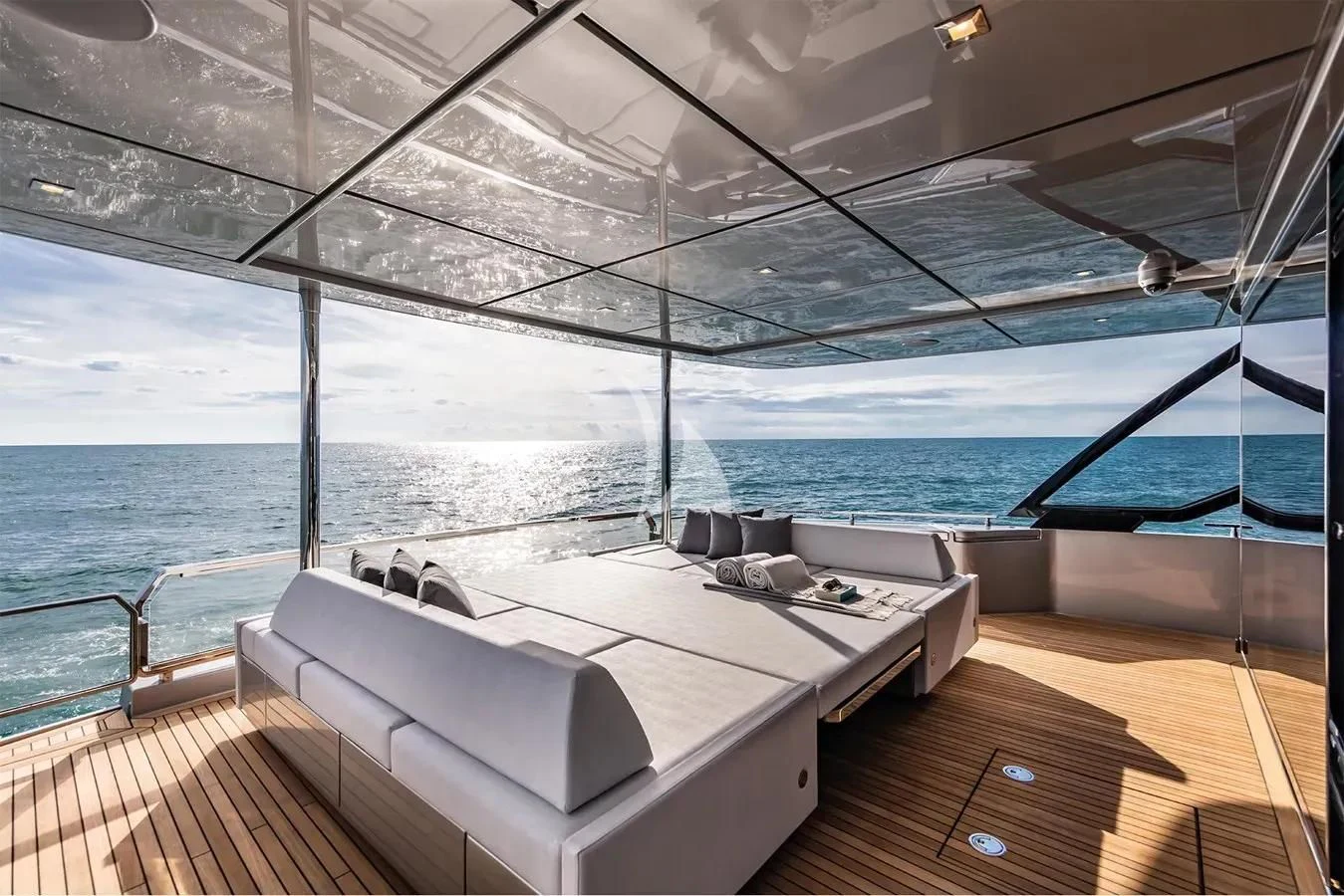 a room with a bed and a large window aboard MEMORIES Yacht for Sale