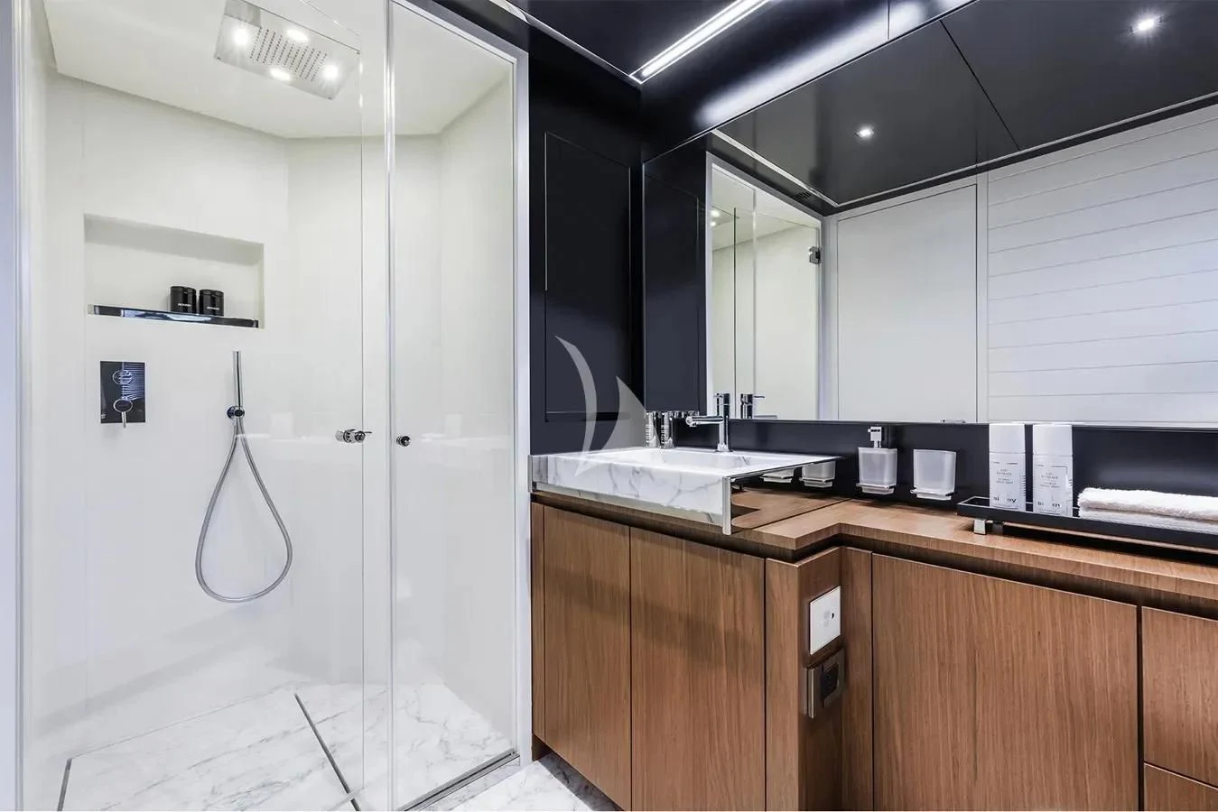 a kitchen with white cabinets aboard MEMORIES Yacht for Sale