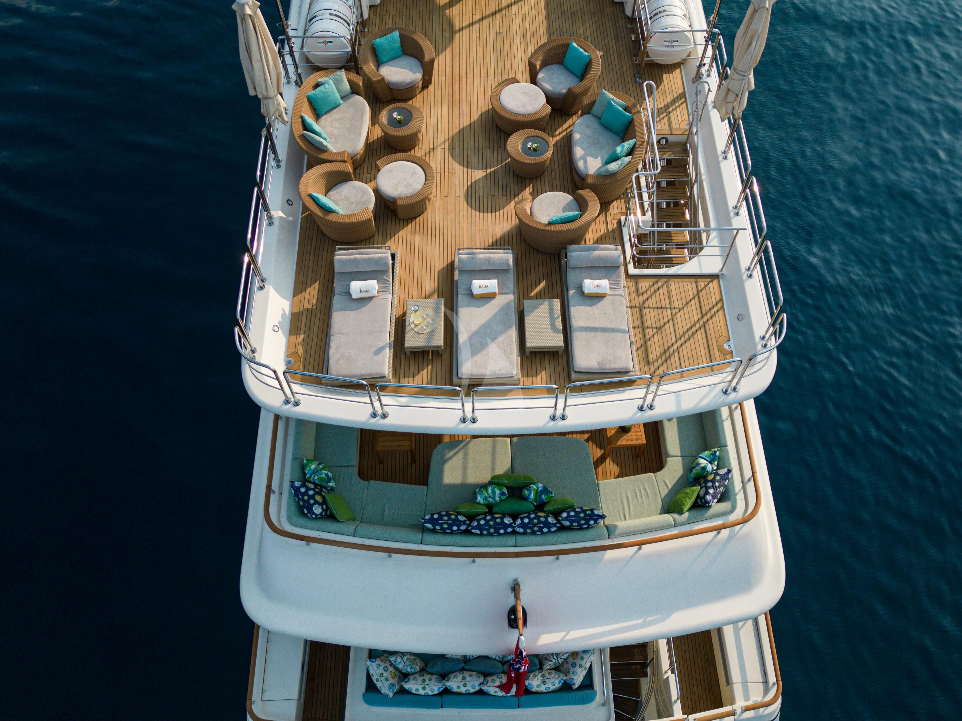 a boat with a dock aboard HANA Yacht for Charter
