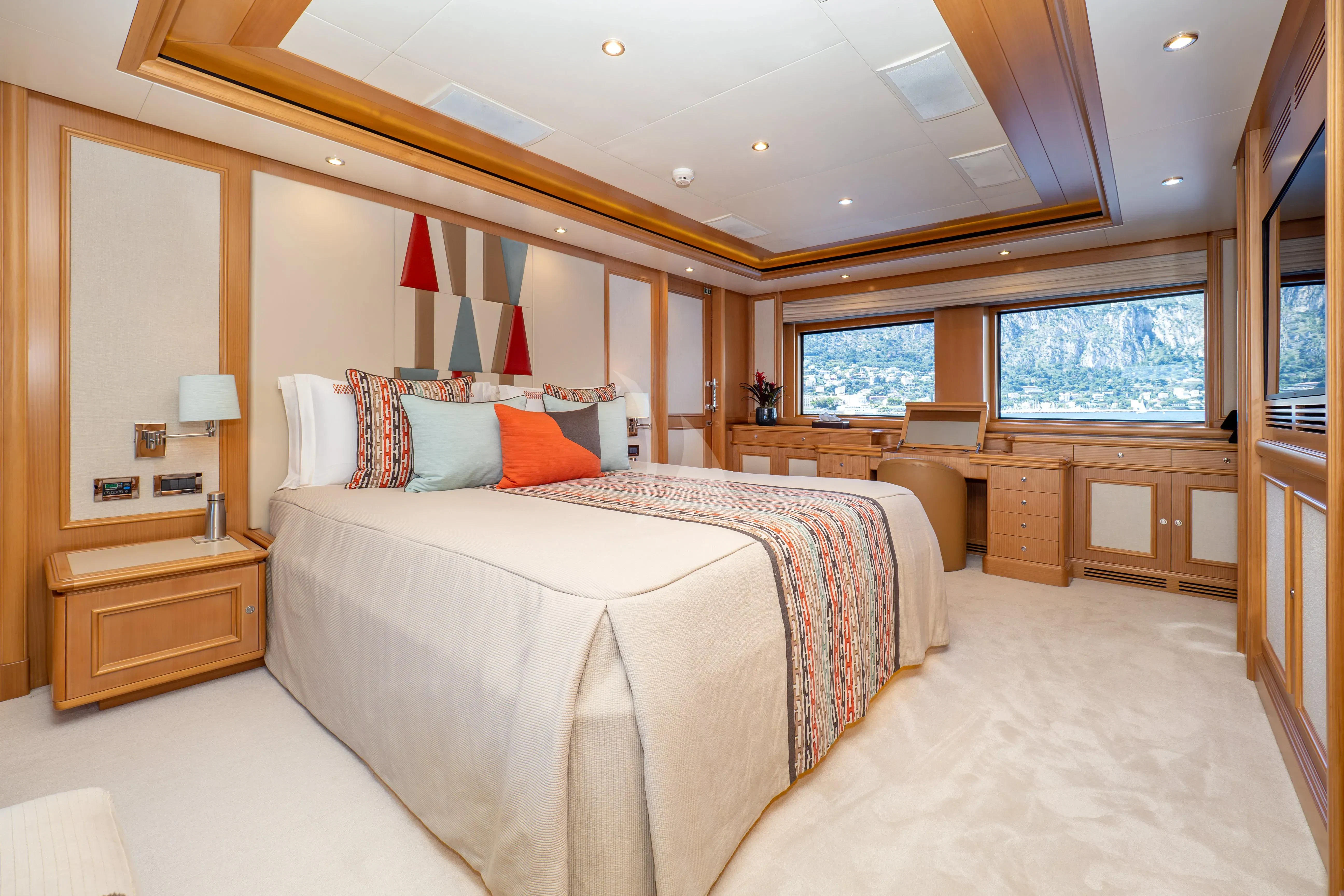 a room with two beds aboard HANA Yacht for Charter