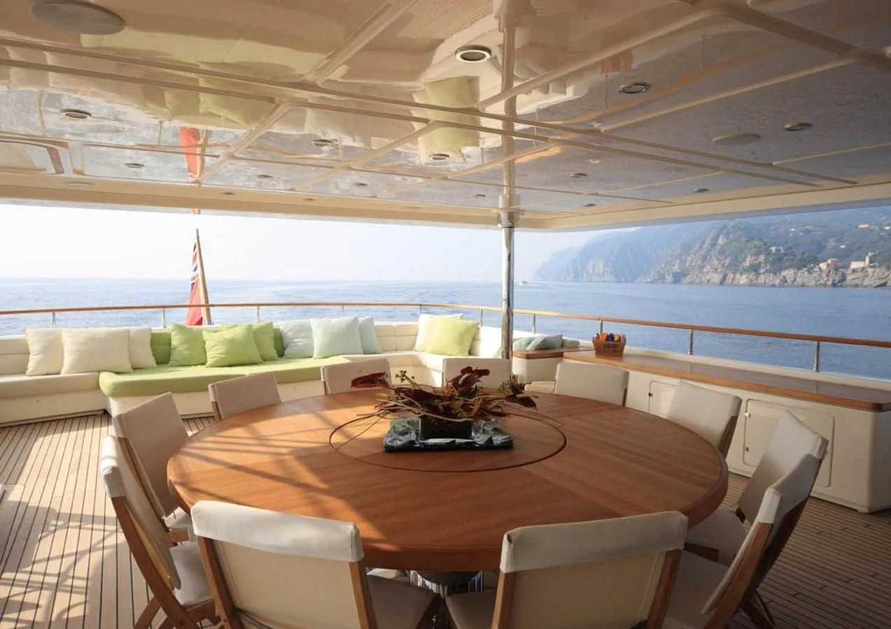 a room with a table and chairs aboard HANA Yacht for Charter