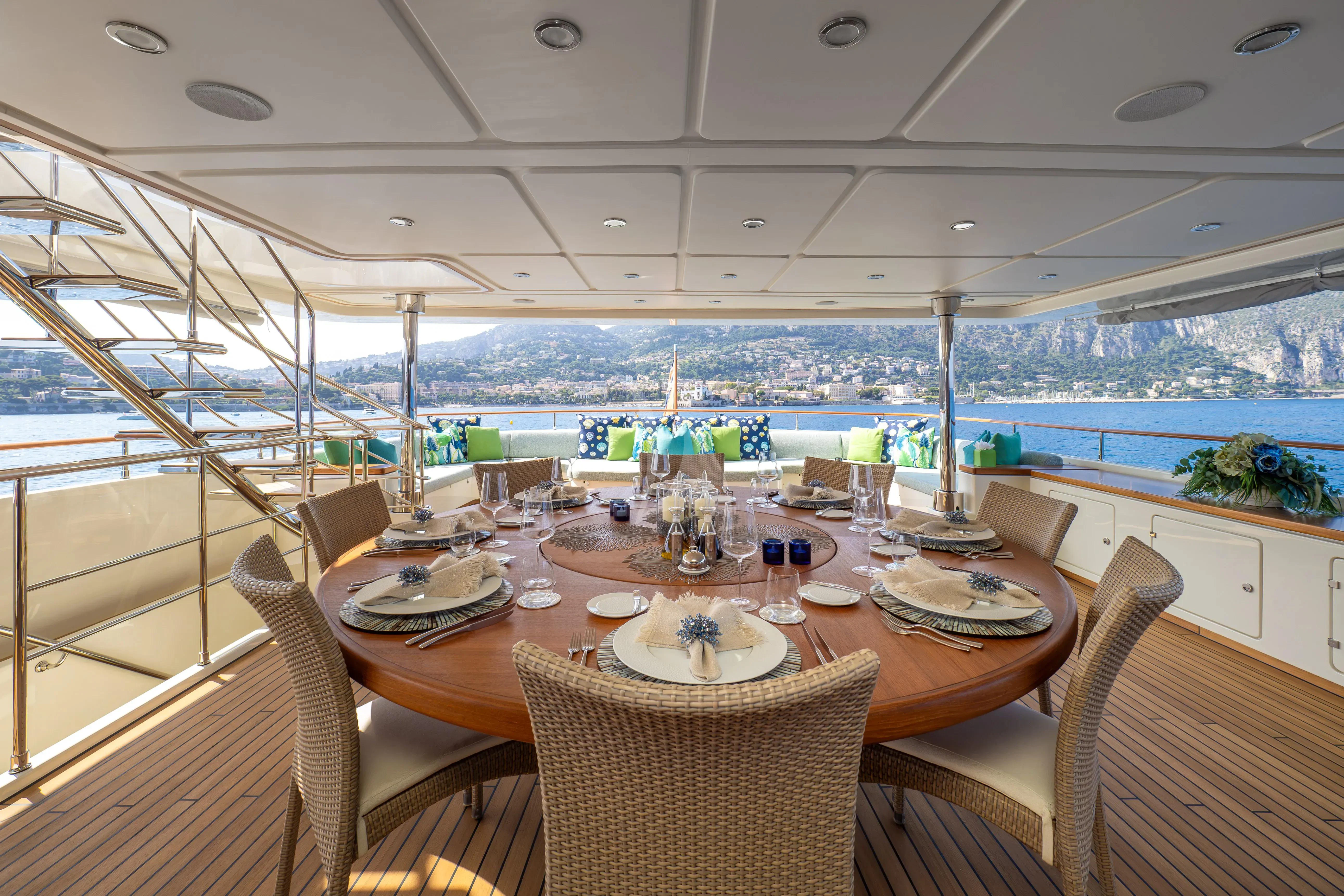 a table set for a meal aboard HANA Yacht for Charter