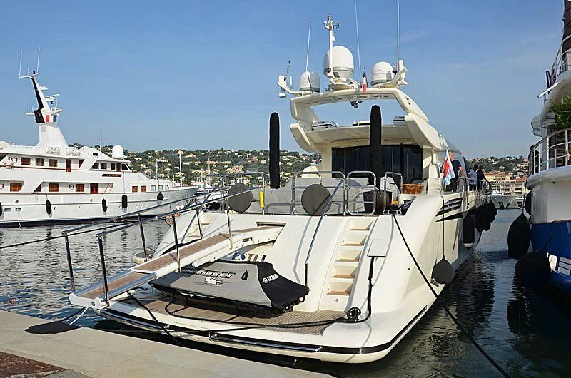 a boat docked at a pier aboard LA ROMANA Yacht for Sale