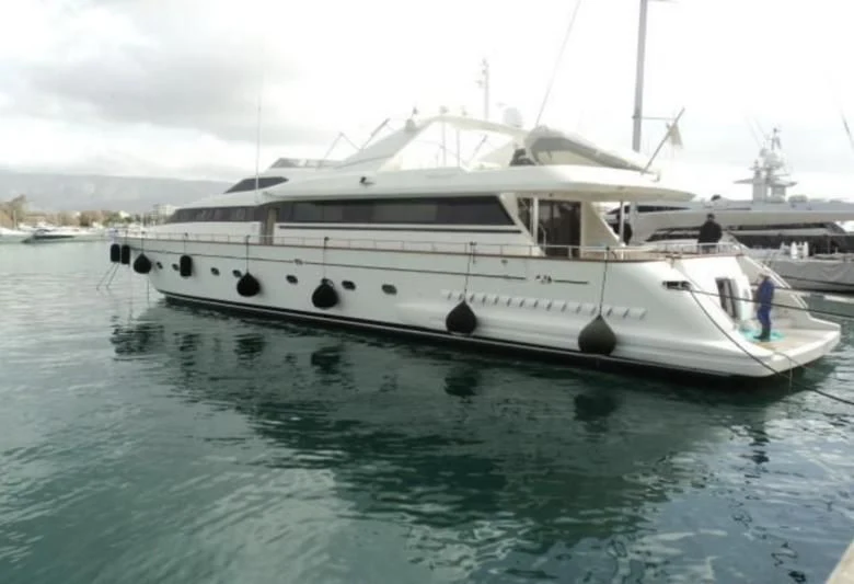 a white boat in the water aboard ELMAR Yacht for Sale