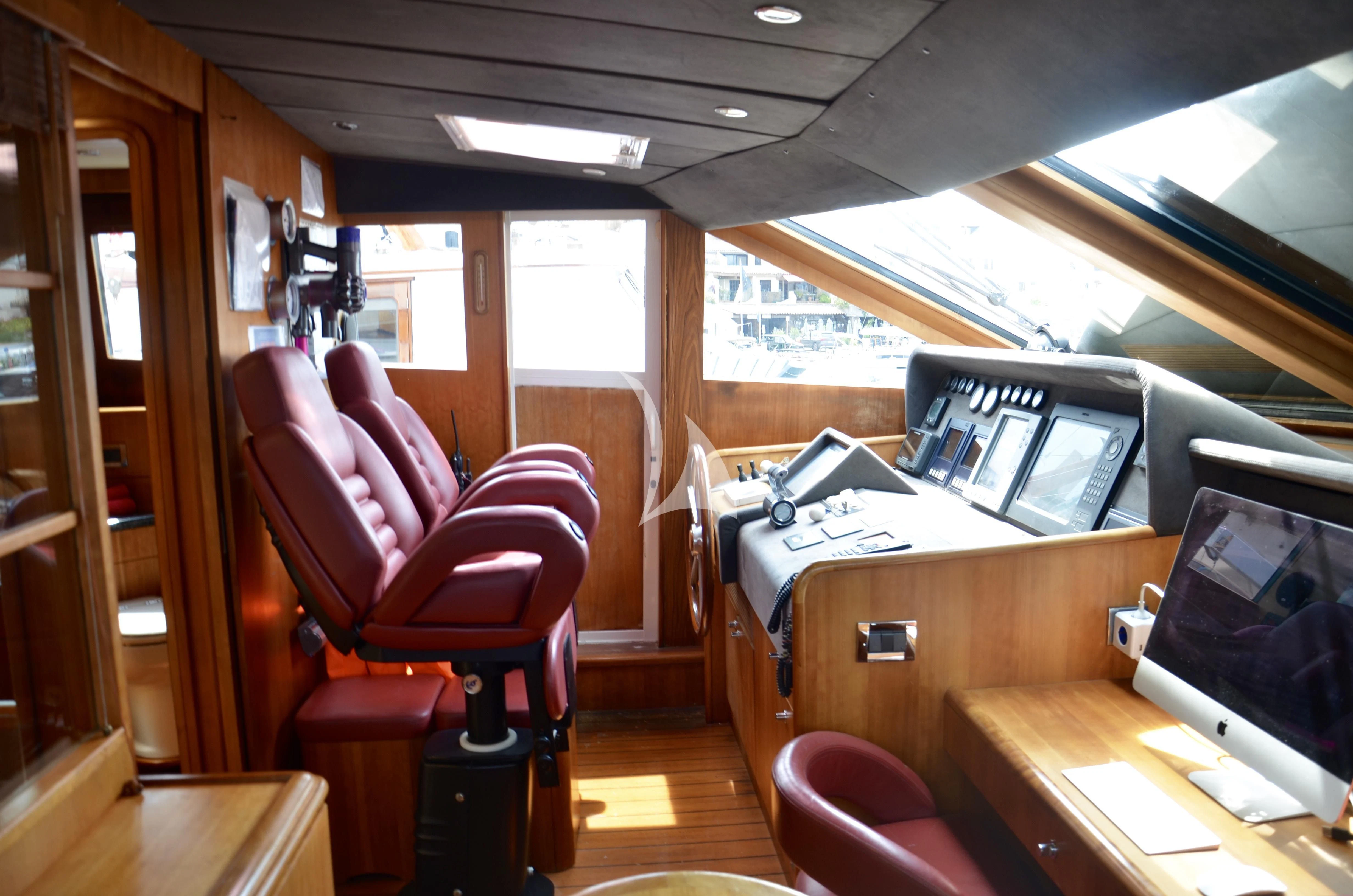 a room with a desk and chairs aboard FIGI Yacht for Sale