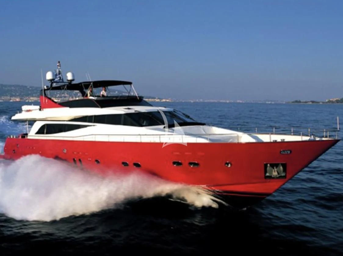 a red and white boat aboard FIGI Yacht for Sale