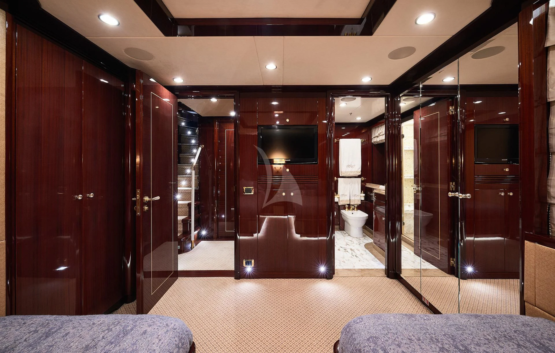 a room with a large mirror aboard REVE D'OR Yacht for Sale