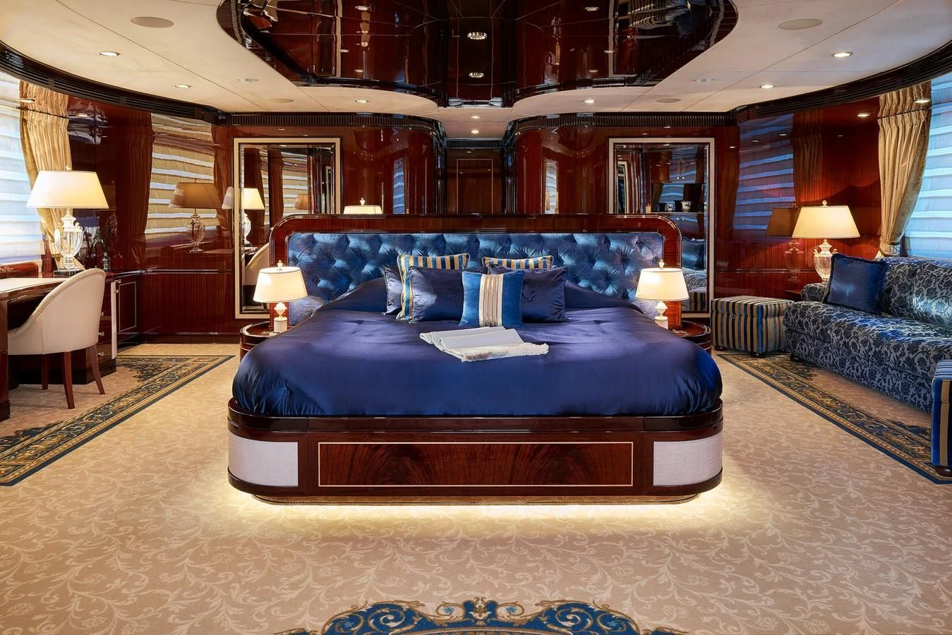 a large bed in a room aboard REVE D'OR Yacht for Sale