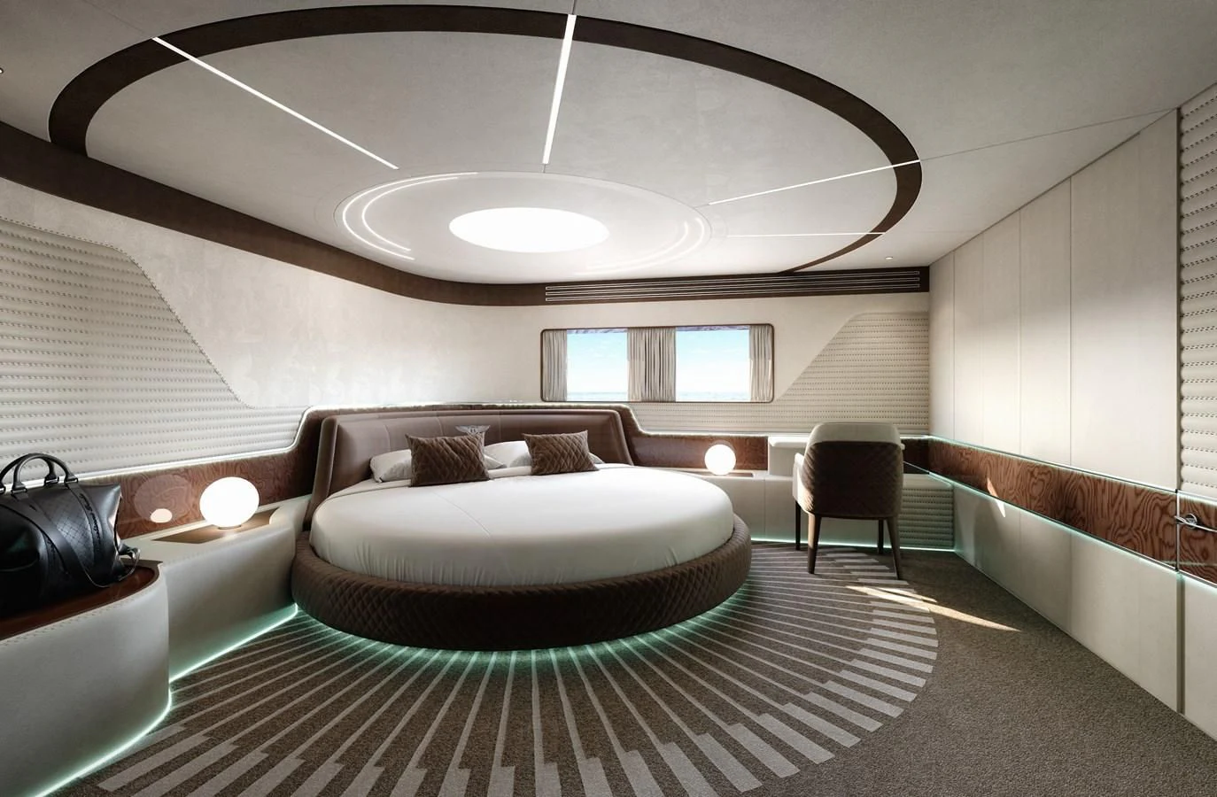 a room with a couch and a table aboard DYNAMIQ GTM 90 TRANSFORMER Yacht for Sale