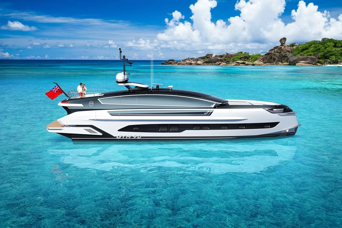 a boat in the water aboard DYNAMIQ GTM 90 TRANSFORMER Yacht for Sale