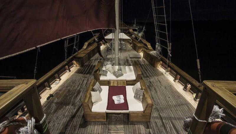 a wooden platform with a sign on it aboard TIARE Yacht for Sale