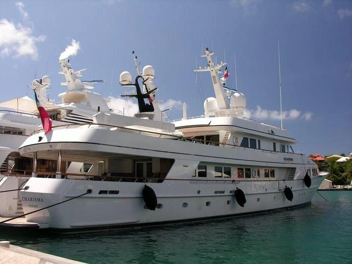a white boat with a white horse on it aboard EXPLORA Yacht for Sale