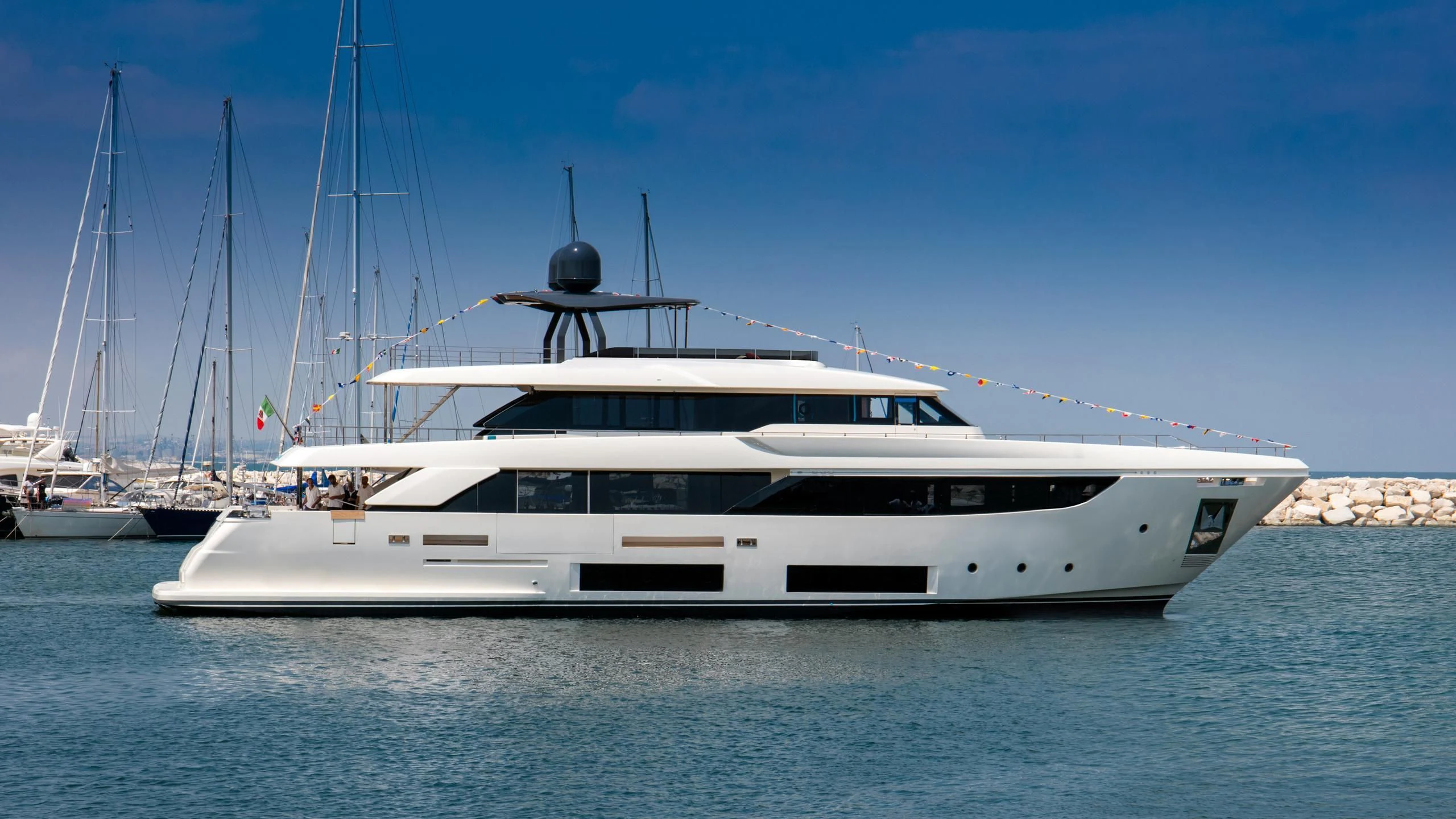 a white yacht in the water aboard MY LARA Yacht for Sale