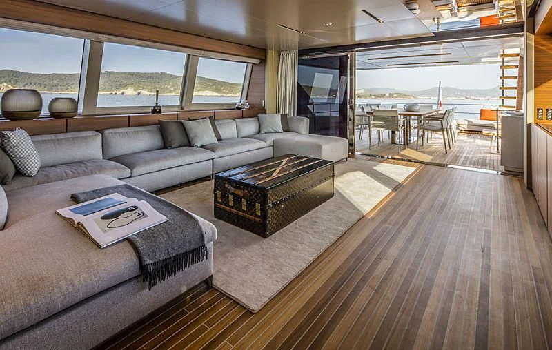 a living room with a large window aboard MY LARA Yacht for Sale