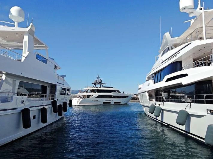 a group of boats in a harbor aboard MY LARA Yacht for Sale