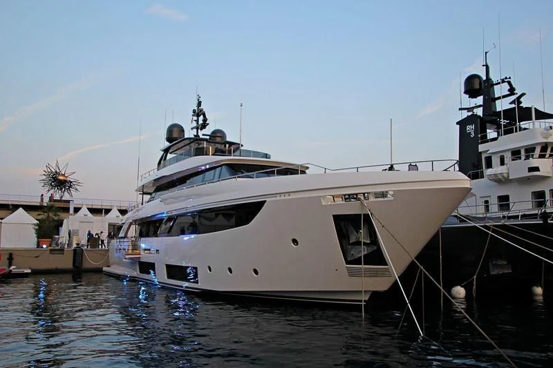 a large white boat docked aboard MY LARA Yacht for Sale