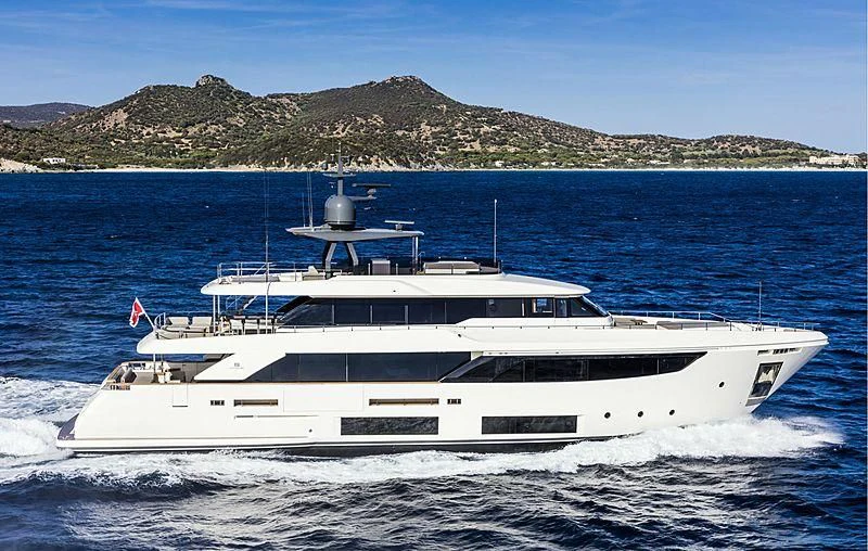 a white yacht on the water aboard MY LARA Yacht for Sale