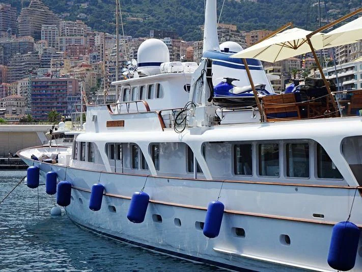 a boat docked in a harbor aboard ESPADARTE Yacht for Sale