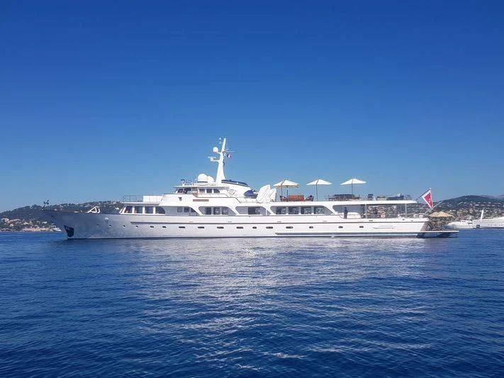 a large white boat in the water aboard ESPADARTE Yacht for Sale