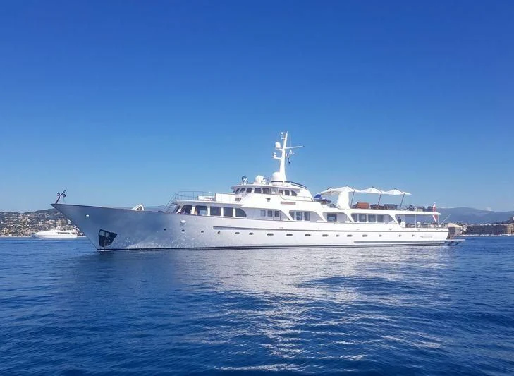 a large white boat in the water aboard ESPADARTE Yacht for Sale