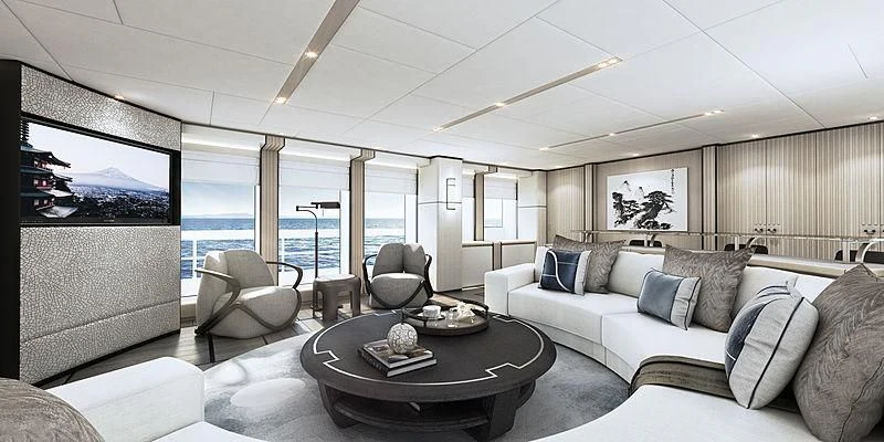 a living room with a large window aboard AQUAMARINE X Yacht for Sale