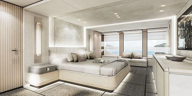 a room with a bed and a table aboard AQUAMARINE X Yacht for Sale