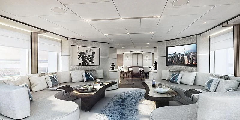 a living room with a blue rug aboard AQUAMARINE X Yacht for Sale