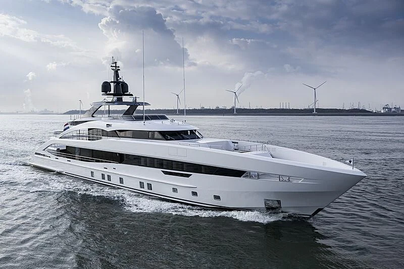 a white yacht in the water aboard AQUAMARINE X Yacht for Sale