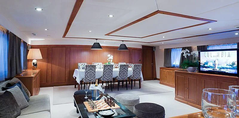 a living room with a large screen aboard SHAHA Yacht for Sale