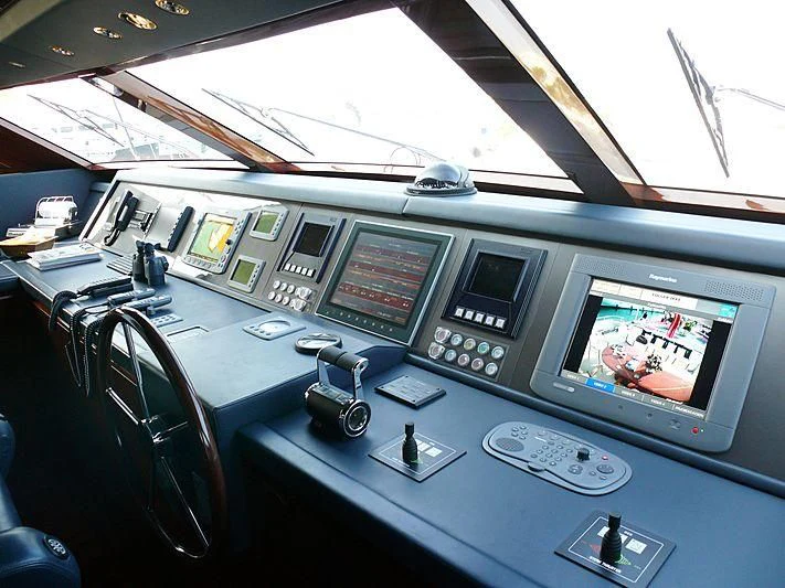 a control panel with many monitors aboard ARGO B Yacht for Sale