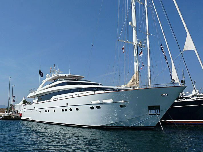 a large white boat in the water aboard ARGO B Yacht for Sale
