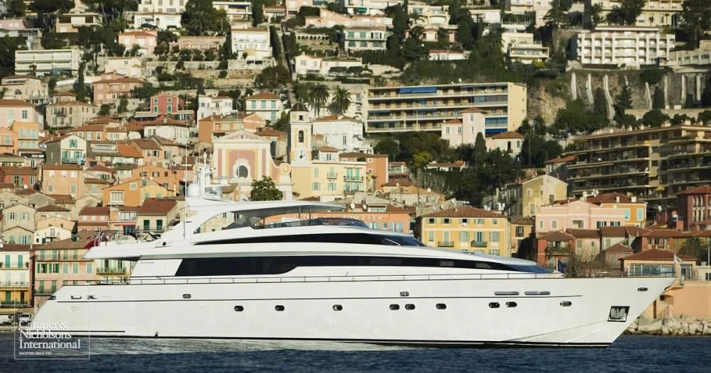 a large white boat in front of a city aboard ARGO B Yacht for Sale