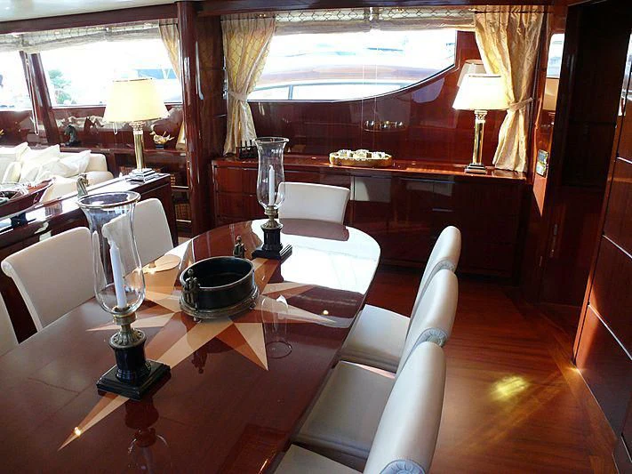 a room with a table and chairs aboard ARGO B Yacht for Sale