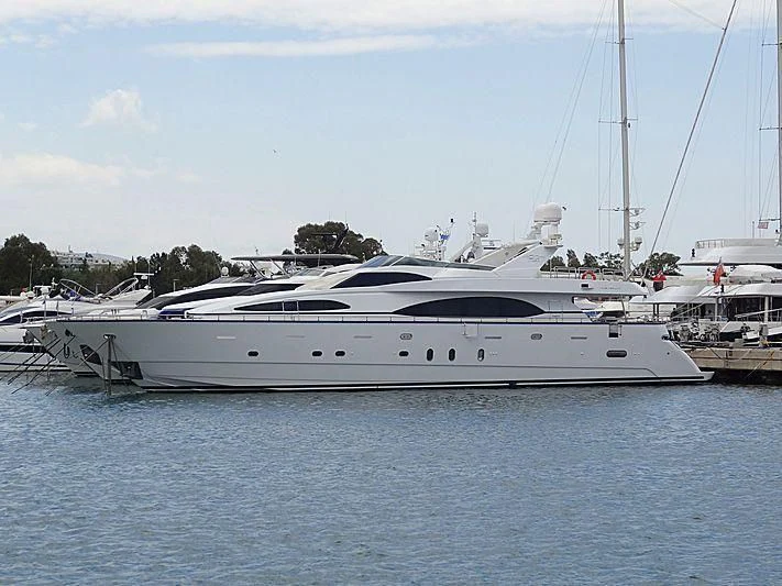 a white yacht in the water aboard OUZO PALACE Yacht for Sale