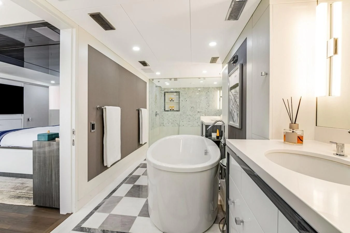 a bathroom with a large tub aboard BG Yacht for Sale
