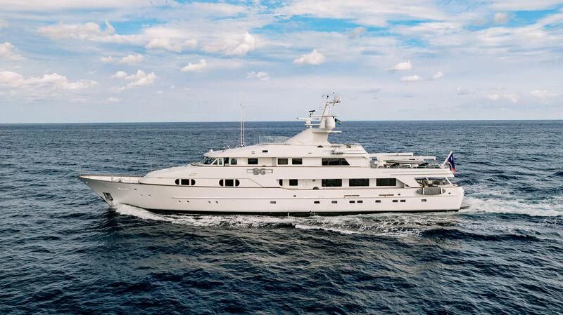 a white yacht in the water aboard BG Yacht for Sale