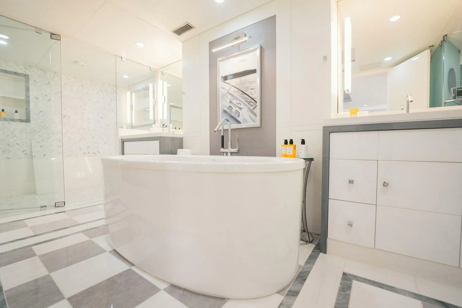 a bathroom with a bathtub aboard BG Yacht for Sale
