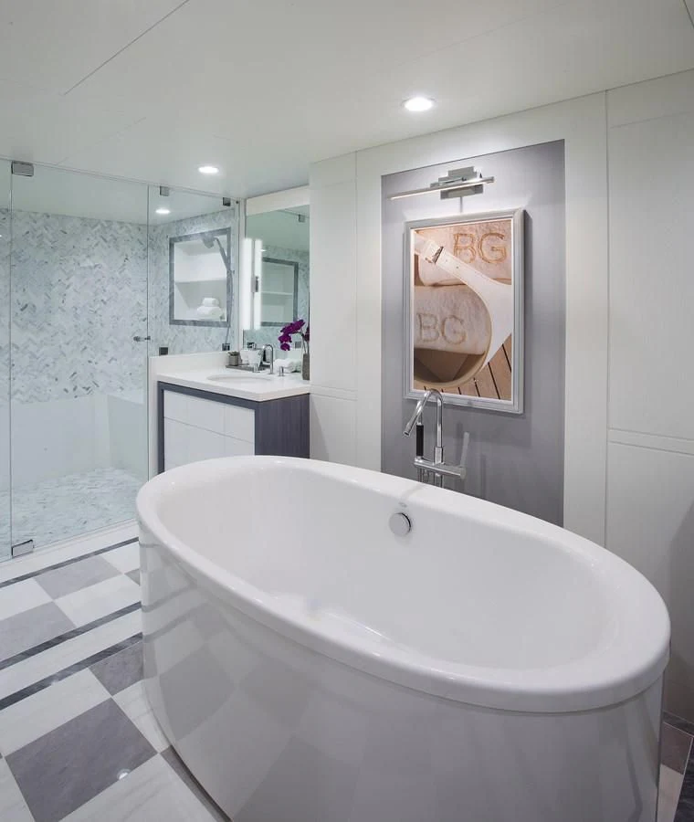 a bathroom with a large bathtub aboard BG Yacht for Sale
