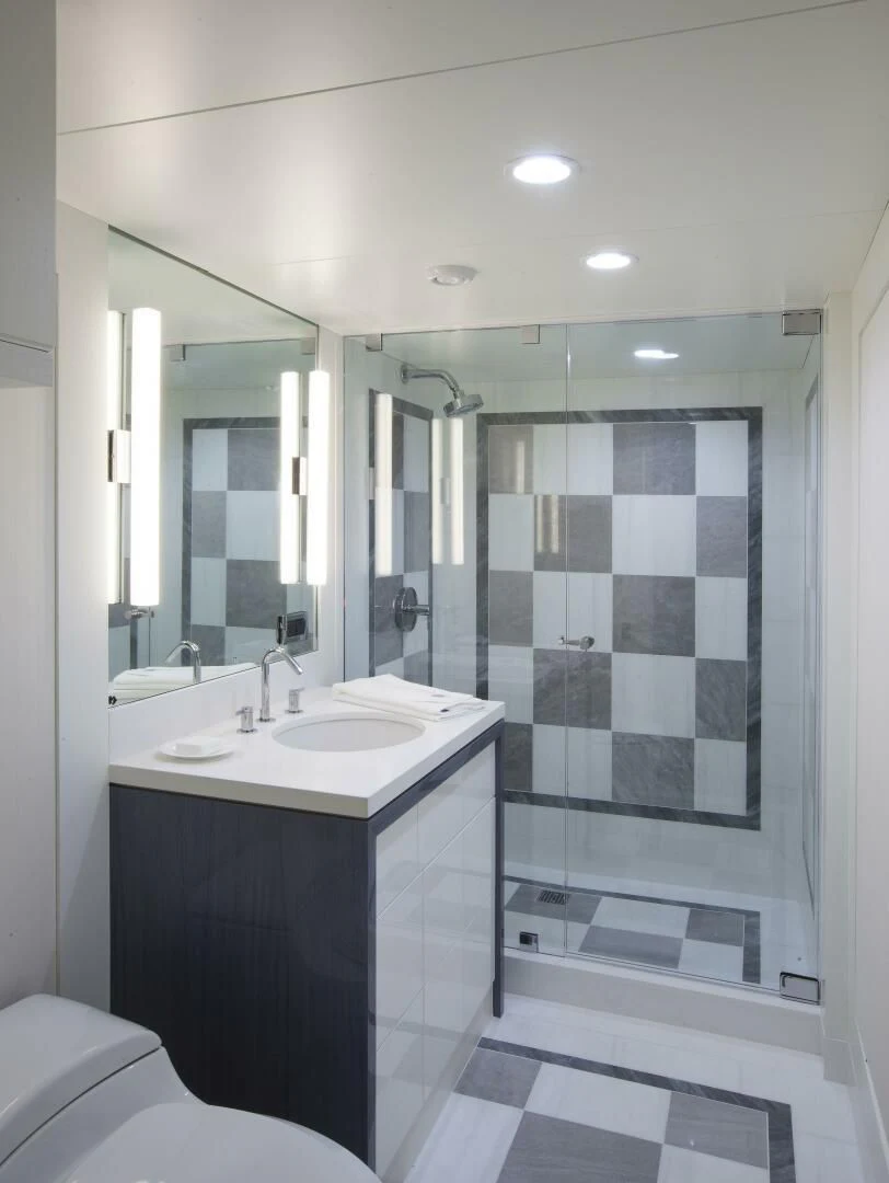 a bathroom with a standup shower aboard BG Yacht for Sale