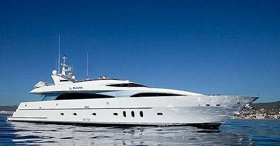 a white yacht on the water aboard STREGA Yacht for Sale