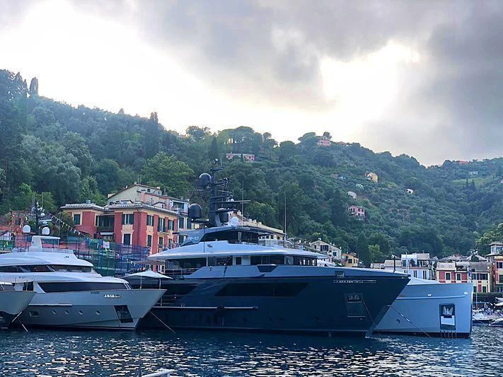 a group of boats in a harbor aboard AMO Yacht for Sale