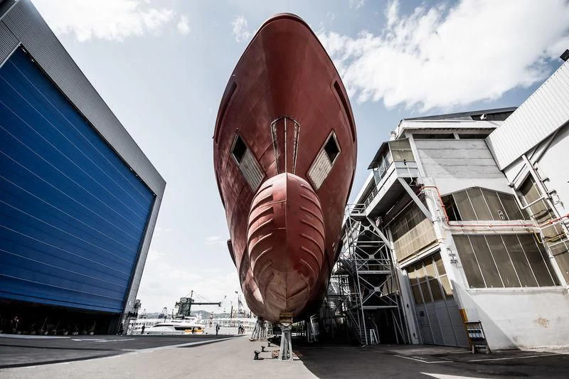 a large red and white satellite dish aboard AMO Yacht for Sale