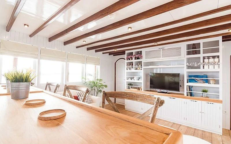 a kitchen with a large island aboard MISCHIEF Yacht for Sale