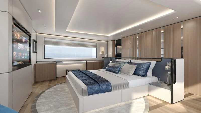 a large bedroom with a large bed aboard AISHA Yacht for Sale