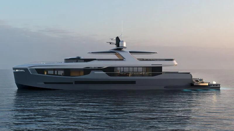 a large white yacht in the water aboard AISHA Yacht for Sale
